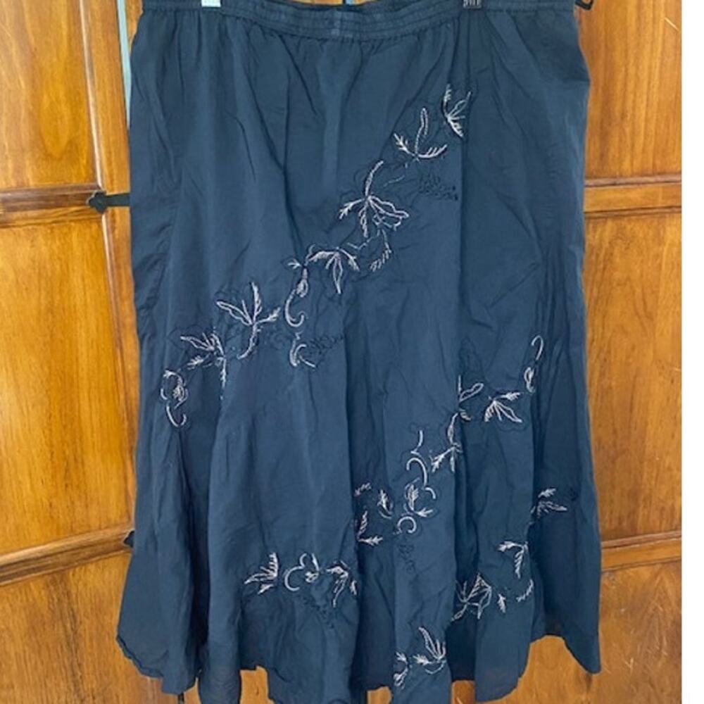 Metro Wear 2X Black Cotton Embroidered Boho A-Line Midi Skirt Floral